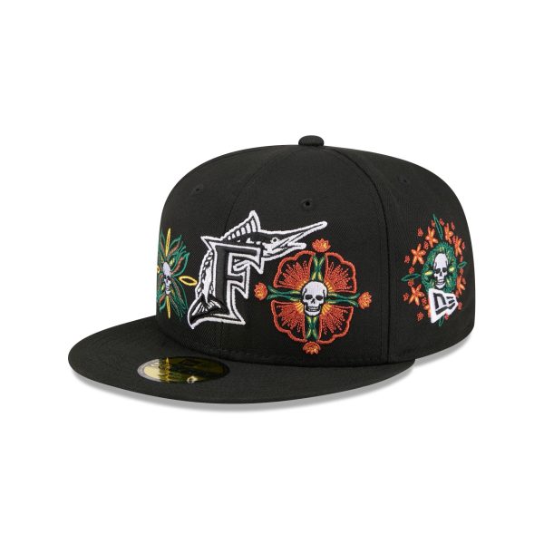 Miami Marlins Day of the Dead Skull & Flowers 59FIFTY Fitted Hat